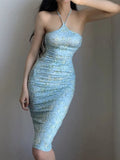 Amozae-nye outfits back to school dress  Blue Floral Bodycon Halter Midi Dress