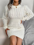 Amozae-nye outfits back to school dress  Body-Con Cable Knit Crewneck Sweater Dress