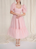 Amozae-nye outfits back to school dress  Bow Back Puff Sleeve Midi Dress