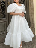 Amozae-nye outfits back to school dress  Bow Back Puff Sleeve Midi Dress