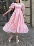 Amozae-nye outfits back to school dress  Bow Back Puff Sleeve Midi Dress