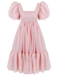 Amozae-nye outfits back to school dress  Bow Back Puff Sleeve Midi Dress