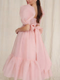 Amozae-nye outfits back to school dress  Bow Back Puff Sleeve Midi Dress