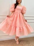 Amozae-nye outfits back to school dress  Bow Back Puff Sleeve Midi Dress
