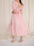 Amozae-nye outfits back to school dress  Bow Back Puff Sleeve Midi Dress