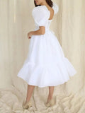 Amozae-nye outfits back to school dress  Bow Back Puff Sleeve Midi Dress