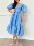 Amozae-nye outfits back to school dress  Bow Back Puff Sleeve Midi Dress