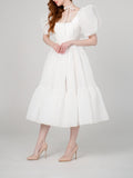 Amozae-nye outfits back to school dress  Bow Back Puff Sleeve Midi Dress