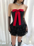 Amozae-nye outfits back to school dress  Bow Tiered Ruffle Strapless Mini Dress