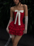 Amozae-nye outfits back to school dress  Bow Tiered Ruffle Strapless Mini Dress