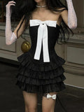 Amozae-nye outfits back to school dress  Bow Tiered Ruffle Strapless Mini Dress