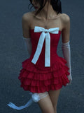 Amozae-nye outfits back to school dress  Bow Tiered Ruffle Strapless Mini Dress