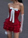 Amozae-nye outfits back to school dress  Bow Tiered Ruffle Strapless Mini Dress