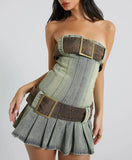 Amozae-nye outfits back to school dress  Buckle Belt Strapless Denim Mini Dress