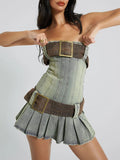 Amozae-nye outfits back to school dress  Buckle Belt Strapless Denim Mini Dress