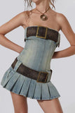 Amozae-nye outfits back to school dress  Buckle Belt Strapless Denim Mini Dress