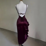 Amozae-nye outfits back to school dress  Burgundy Ruffled High Slit Ruched Bust Dress