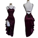 Amozae-nye outfits back to school dress  Burgundy Ruffled High Slit Ruched Bust Dress