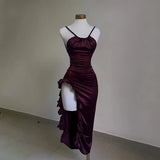 Amozae-nye outfits back to school dress  Burgundy Ruffled High Slit Ruched Bust Dress