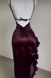 Amozae-nye outfits back to school dress  Burgundy Ruffled High Slit Ruched Bust Dress