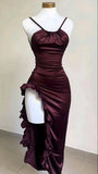 Amozae-nye outfits back to school dress  Burgundy Ruffled High Slit Ruched Bust Dress