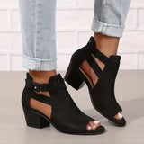 Amozae-Women's Chunky Heeled Sandals, Peep Toe Solid Color Cut-out Back Zipper Low Heels, Retro Stacked Heeled Sandals