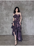 Amozae-dress to impress party dress nye outfits Irregular Ruffled Suspender Prom Dress Dark Purple Long Birthday Dress YM1629