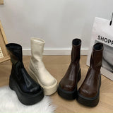 Amozae-Street Style Winter Platform Women Ankle Boots Fashion Slip On Modern Short Booties Concise Square Heels Shoes-Platform boots