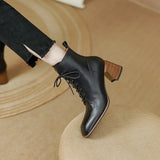 Amozae-Retro Leather Square Toe Chunky Heels Short Boots Women 2023 Autumn and Winter New Genuine Cow Leather Lace-up High-heeled Shoes