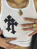 Amozae-White crop tank top with knitted cross patches- Streetwear y2k outfits Fall Outfits Christmas Thanksgiving Gift New Year's Eve