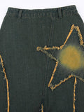 Amozae-Embroidered denim maxi skirt with slit and vintage star- Streetwear y2k outfits Fall Outfits Christmas Thanksgiving Gift New Year's Eve