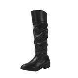 Amozae-Vintage Thick Heel Women Pleated Knee High Boots Fashion Slip On Shoes Autumn Winter Ladies Long Booties-Platform boots