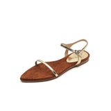 Amozae-Amozae Women New Pointed Toe Flat Heels Split Leather Shoes Summer Leisure Narrow Band Belt Buckle Sandals Женские Сандалии 2024