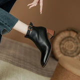 Amozae-Women Genuine Cow Leather High Heel Elegant Style Short Boots Office Ladies Pointed Toe Chunky Heels Zip Belt Buckle Ankle Boots