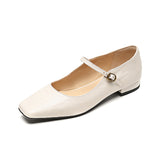 Amozae-Women Vintage Square Toe Flat Heels Sheepskin Shoes Office Ladies Belt Buckle Chunky Heels Retro Mary Janes Pumps Outdoor Wear
