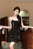 Amozae-birthday dress pretty outfits Elegant Black Strapless Mini Dress with Flower Embellishments