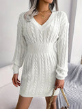 Amozae-nye outfits back to school dress  Cable Knit V Neck Sweater Dress