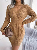 Amozae-nye outfits back to school dress  Cable Knit V Neck Sweater Dress