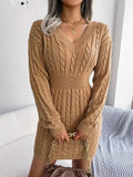 Amozae-nye outfits back to school dress  Cable Knit V Neck Sweater Dress