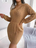 Amozae-nye outfits back to school dress  Cable Knit V Neck Sweater Dress