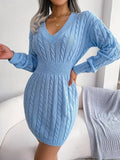 Amozae-nye outfits back to school dress  Cable Knit V Neck Sweater Dress