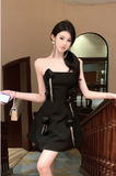 Amozae-birthday dress pretty outfits Elegant Black Strapless Mini Dress with Flower Embellishments
