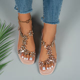 Amozae-Womens Sparkling Rhinestone Butterfly Flat Sandals - Fashionable Open Toe Summer Shoes with Comfortable Elastic Bands - Ideal for Casual Everyday Wear