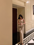 Amozae-dress to impress party dress nye outfits Classy Suspender Dress Slit Satin Champagne Long Party Dress YM1675