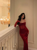 Amozae-dress to impress party dress nye outfits Sexy Spaghetti Straps Red Lace Velvet Prom Dress Evening Dress With Gloves YM1727