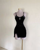 Amozae-nye outfits back to school dress  Crucifix Velvet Gothic Mini Dress
