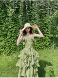 Amozae-dress to impress party dress nye outfits Irregular Ruffled Suspender Prom Dress Green Long Birthday Dress YM1628