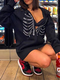 Amozae-Fall Outfits -Black hoodie with zipper and rhinestone skull- Streetwear y2k outfits Fall Outfits Christmas Thanksgiving Gift New Year's Eve