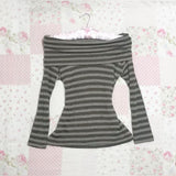Amozae-Kawaii Cute Y2k Tops T shirts Long sleeves Stripe Gray Sweet Girl Casual Winter Clothes Punk Aesthetic Women Tees Grunge Emo Top