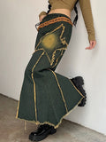 Amozae-Embroidered denim maxi skirt with slit and vintage star- Streetwear y2k outfits Fall Outfits Christmas Thanksgiving Gift New Year's Eve